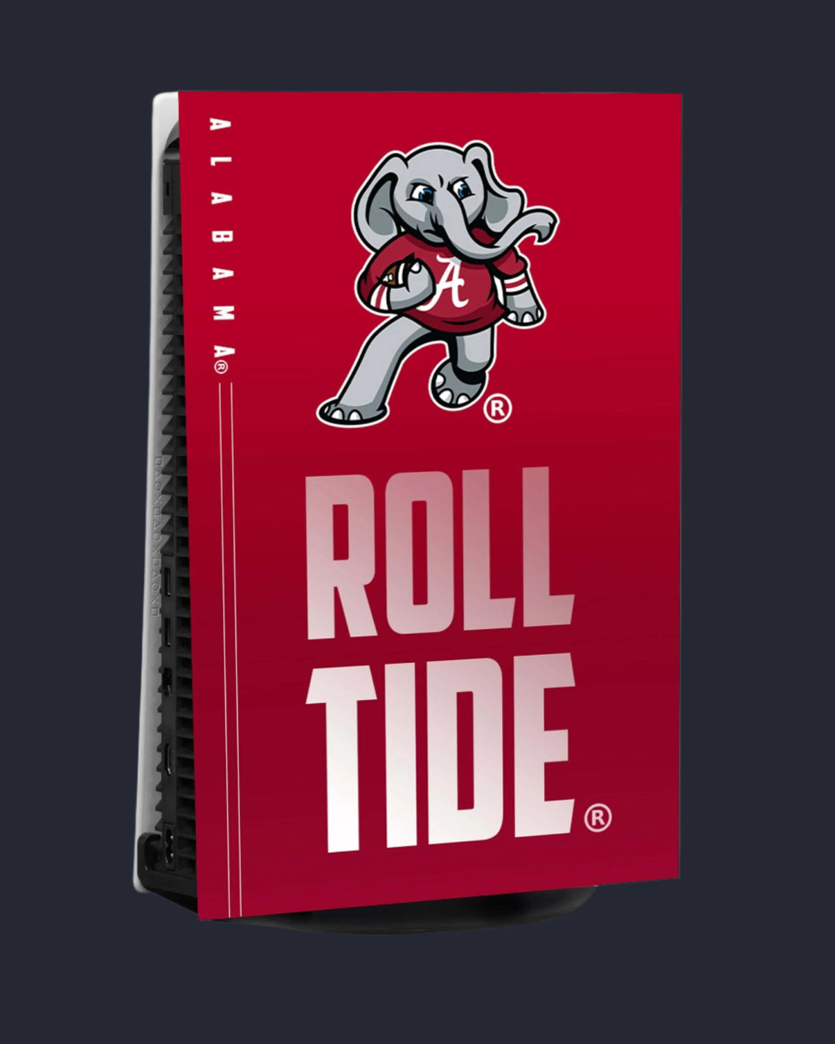 Alabama Crimson Tide PS5 skin featuring classic elephant pattern in crimson red, officially licensed VarsityWrapz console cover