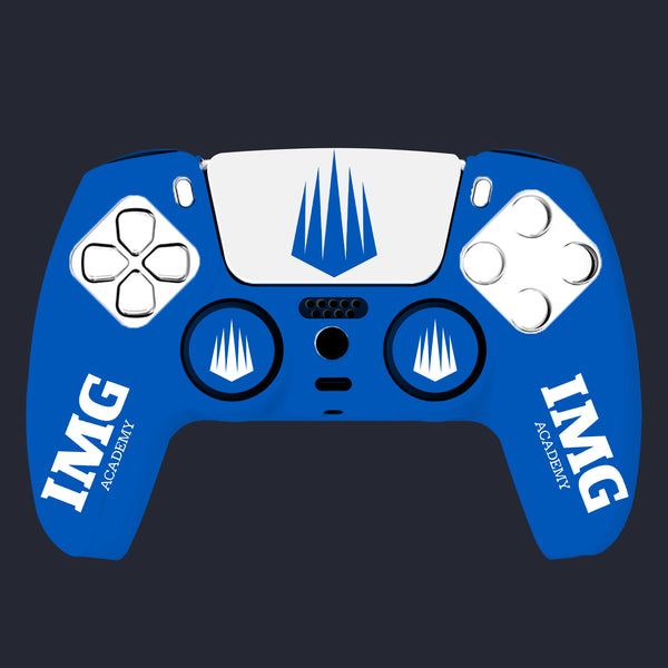Blue gaming controller with IMG Academy logo on a black background