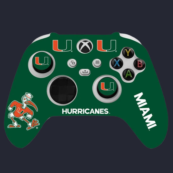Green gaming controller with Miami Hurricanes logo on a dark background