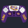 Purple gaming controller with LSU and 'Geaux Tigers' text on a black background
