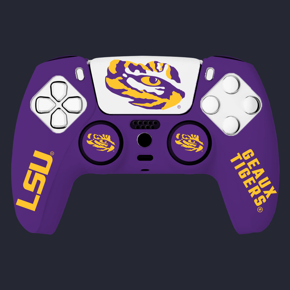 Purple gaming controller with LSU and 'Geaux Tigers' text on a black background