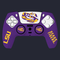 Purple gaming controller with LSU and 'Geaux Tigers' text on a black background
