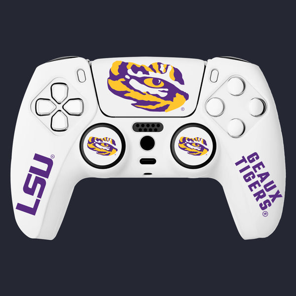 White gaming controller with LSU and 'Geaux Tigers' branding on a black background