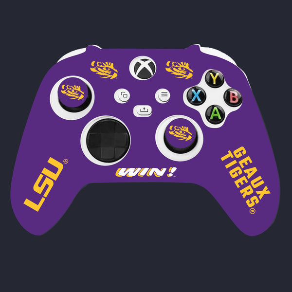 Purple gaming controller with LSU branding on a black background
