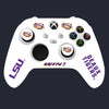 White gaming controller with LSU branding on a black background
