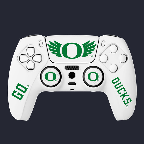 White gaming controller with green text on a black background