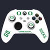 White gaming controller with Oregon Ducks branding on a black background