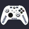 White gaming controller with Michigan Wolverines branding on a black background