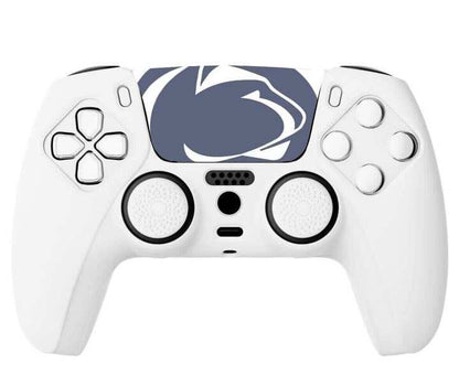 Penn State PS5 touchpad sticker with Nittany Lion logo shown applied to a white PS5 controller.