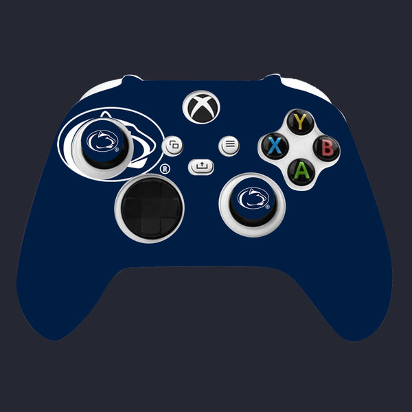 Blue gaming controller with Xbox logo on a dark background