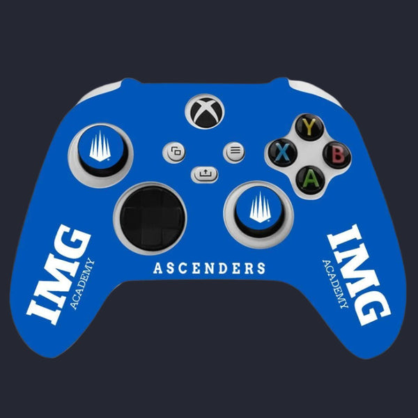Blue gaming controller with IMG Academy and Ascenders branding on a white background