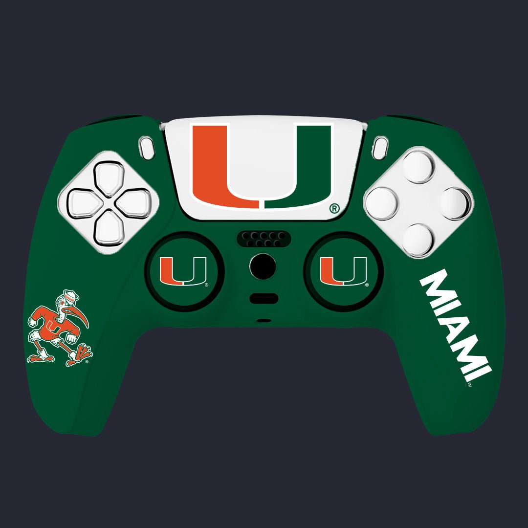 Gaming controller with Miami Hurricanes logo on a dark background