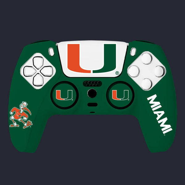 Gaming controller with Miami Hurricanes logo on a dark background