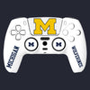 White gaming controller with Michigan Wolverines branding on a black background