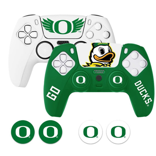 Example of Oregon Ducks controller bundle applied: green silicone cover and 'O' logo thumb grips on gaming controllers (PS5/Xbox compatible).
