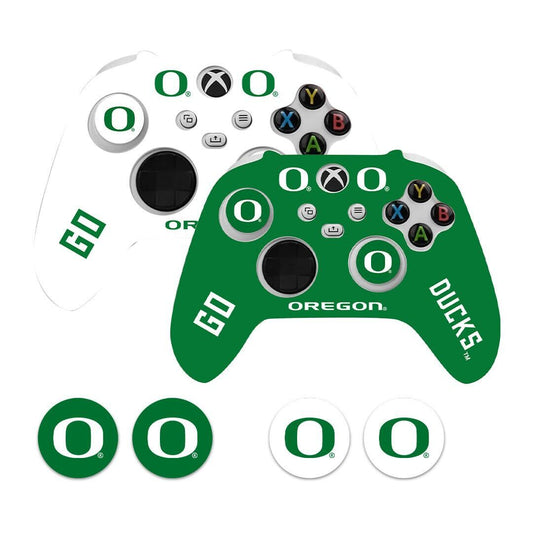 Oregon Ducks controller bundle including green & white silicone covers (PS5/Xbox fit) and 4 Ducks logo thumb grips.