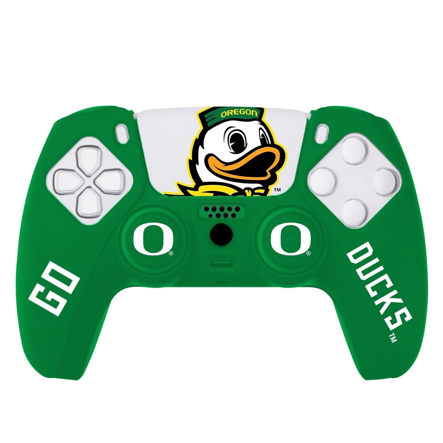 Green Oregon Ducks PS5 controller skin with the iconic "Duck" logo. Custom football-themed controller wrap for sleek design and protection.