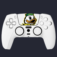 Classic Oregon Duck mascot design Oregon PS5 touchpad sticker applied to white DualSense controller.