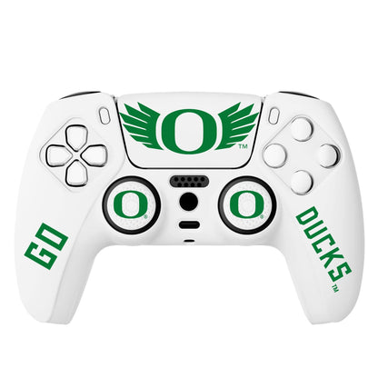 White Oregon Ducks PS5 controller skin with the iconic "O" logo. Custom football-themed controller wrap for sleek design and protection.