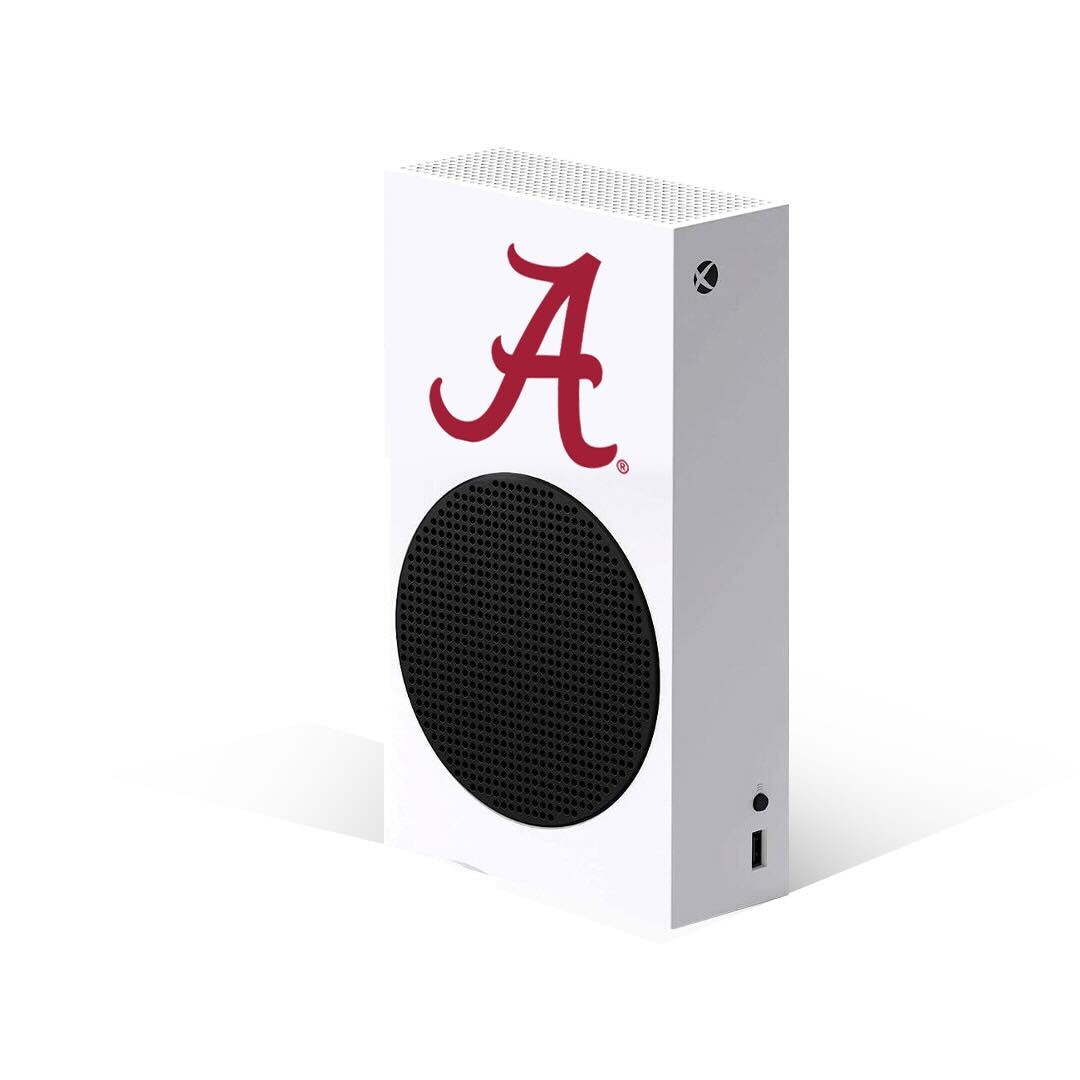 Xbox Series S VarsityWrapz Roll Tide Edition in White. Elevate your gaming setup with the Alabama Crimson Tide-themed wrap. Protects from scratches and dust.