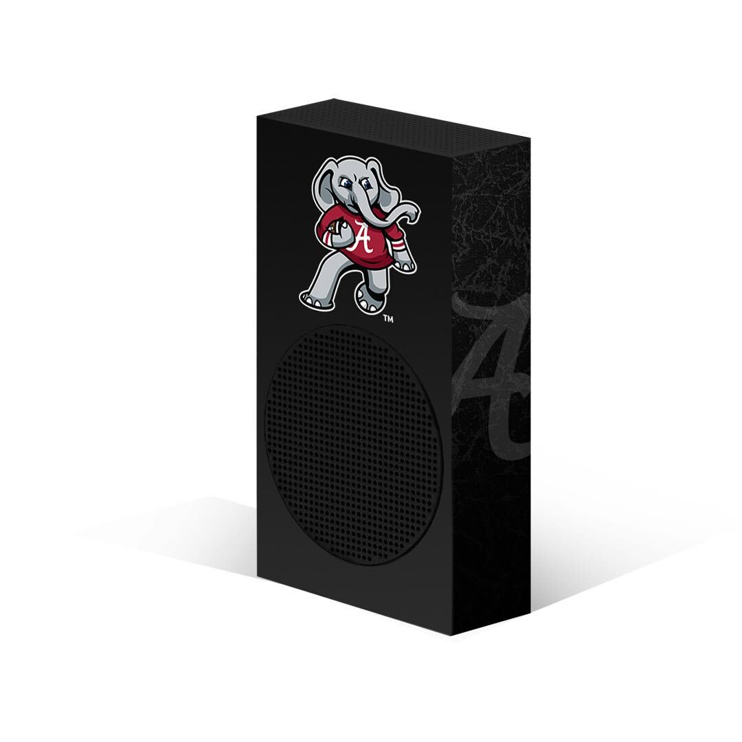 Xbox Series X VarsityWrapz Big Al Edition in Black. Feature the beloved mascot Big Al in a fun and spirited wrap. Perfect for Alabama fans.